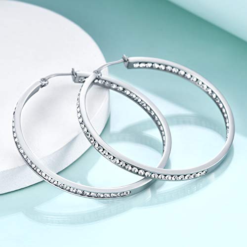 Women's Stainless Steel 2 Inch Inside-Out Crystal Cz Large Big Hoop Earrings Rhinestone Silver Tone Pierced Ladies Cubic Zirconia Hoop Earrings Hypoallergenic For Sensitive Ears #TOP3