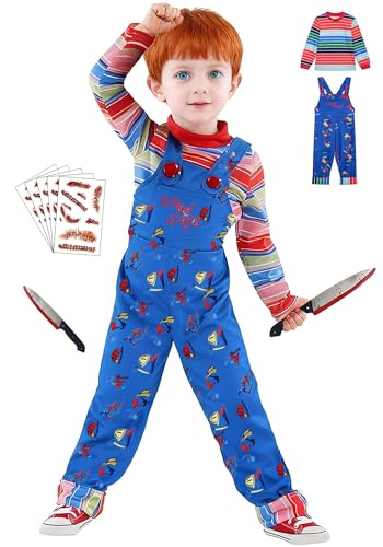 5 Sizes for 3-11Y Chucky Costume for Kids Halloween Jumpsuit Long Sleeve Rainbow Shirt Prop Knife Scar Tattoos