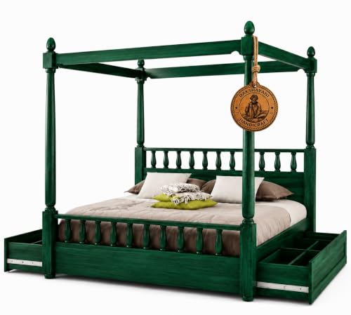 Image of Sheesham Solid Wood Allure Poster Bed for Bedroom | Handmade Wooden Cot | Elegant Four Poster King Size Bed Frame (Green, King, Allure with Storage)