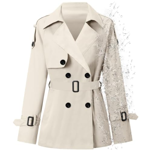 Betusline Womens Double Breasted Short Trench Coat with Belt Off White 2XL