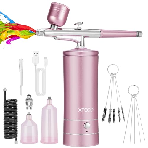 Airbrush KIT Cordless 27PSI Rechargable with Compressor Portable Air Brush Sets with 0.3mm Nozzle,Auto Handled for Model Painting,Nail,Make Up,Tattoo,Cake Decor,Barber,Pink