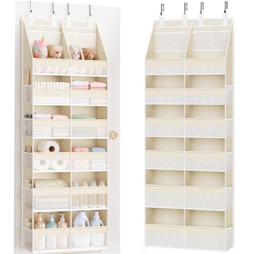 Criusia Over the Door Organizer, Extra Large 12 Compartments Closet Hanging Storage with 14 Mesh Pockets, 85lbs Capacity Behind the Door Storage for Baby Nursery, Bathroom, Bedroom, and Dorm, Beige