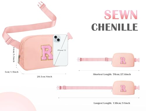 Image of COSHAYSOO Valentines Birthday Initial Gifts for Teen Girls 5 6 7 8 9 10 11 12 13 14 Year Old Pink Fanny Pack for Girls Belt Bag Crossbody Travel Purse Unique Trendy Girly Stuff Chenille Letter R