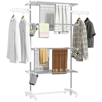 Foto di HOMCOM Stendibiancheria Pieghevole in Acciaio Inox e Plastica, Stendino Verticale Salvaspazio Estensibile a Torre con 6 Ruote, Ganci e 4 Ripiani Regolabili per Interni, 142x55x172 cm, Bianco Argento