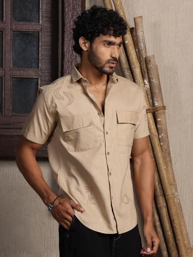 Image of Thomas Scott Men's | Embroidered Printed | Half Sleeve | Regular Fit | 100% Cotton | Double Pocket | Spread Collar | Casual Shirt
