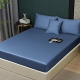 Luofanfei Drap Housse 160x200 Coton Bleu Foncé Satin de Coton Drap de lit Doux Soyeux Respirant Lyocell Soie Drap Housse