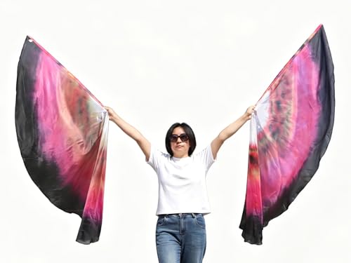 Winged Sirenny 70" Sheer Silk Dance Angel Wings with Flex Rods, Circular Handpainted Fluid Translucent Silk Worship Flags (Drifting Embers)