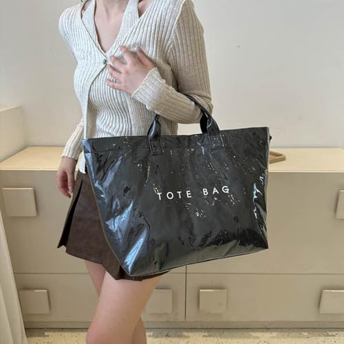 Image of PVC Tote Bag Women's Letters Print Large Kraft Paper Carry All Bag Top Handle Clear Hobo Handbag - Black