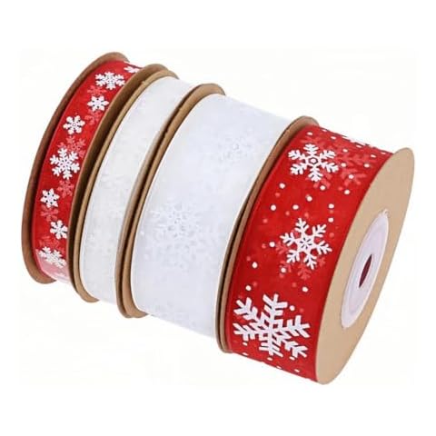 Christmas Snowflake Ribbons, 2/5 Inch Xmas Sheer Ribbon, White Red Silk Ribbon for Gift Wrapping Crafts DIY Holiday Decorations, Red 10 Yards + White 10 Yards Cover