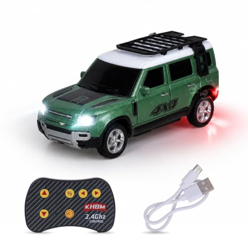 Image of 1:64 Scale RC 4x4 SUV Alloy Die-Cast Remote Control Car - 2.4GHz Rechargeable Off-Road Crawler with LED Lights | Roof Rack Spare Tire for Kids 6+ Years (Green)