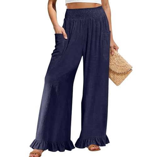Image of Palazzo Pants for Women Linen Smocked Elastic Waist Ruffle Wide Leg Pants Summer Beach Flowy Boho Pant with Pockets
