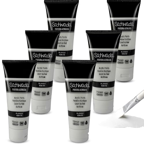 Pintura Acrílica Satinada, Apta para Artistas Principiantes Manualidades, Usar sobre Lienzo, Madera, Cerámica, Porex, Tela, Secado rápido, Colores Blancos, Pack 6 botes de 75 ml