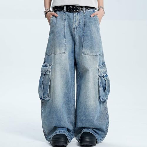 High Waisted Baggy Flare Wide Leg Oversized Cargo Jeans for Women Men Trendy Retro Washed Multi-Pocket Trousers2