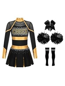 Sinleey Mädchen Kostüm Cheer Leader Kinder Kleid Glitzer mit Pompons Tanzkleid Cheerleading Outfit Set Karneval Halloween Faschingskostüme A Golden Schwarz 146-152