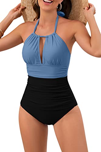 B2prity Women's One Piece Swimsuit Tummy Control Halter Bathing Suit Slimming Supportive Long Torso Friendly Swimwear