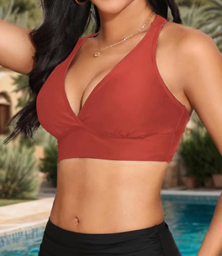 Image of Women's Sporty Adjustable Wide Straps Bikini Top Large Bust Criss Cross Back Supportive Swimsuit Tops Only