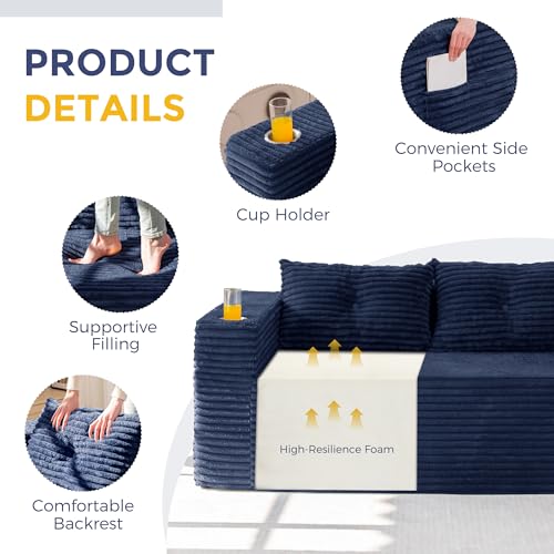 Image of MAXYOYO 63 inch Boneless Loveseat Sofa Couch for Small Spaces, Mini Love Seat Floor Couch with Cup Holders and Pillows, 2-Seater Upholstered Cloud Couch for Bedroom Apartment, No Assembly Required