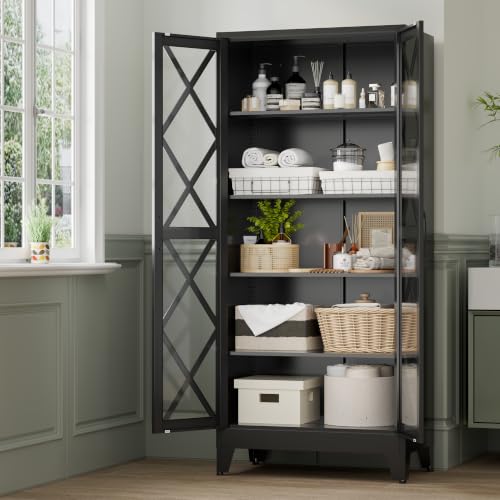 Image of 71 inch Tall Display Cabinet with Glass Doors, Farmhouse Metal Storage Glass Cabinet with 4 Adjustable Shelves, Black Vintage Tall Storage Cabinet for Collectibles,Curio, Books, Chinaware, Figures