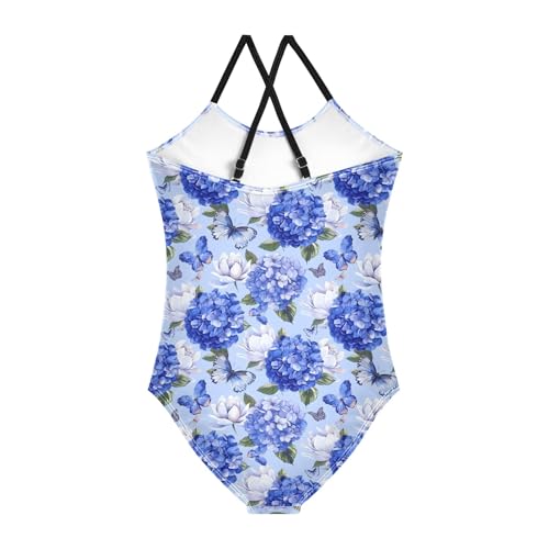senya Girls Swimsuits One-Piece Swimwear Tie Bathing Suit Beach Summer Round Neck 5-6T Blue Flowers and Butterflies Pattern2