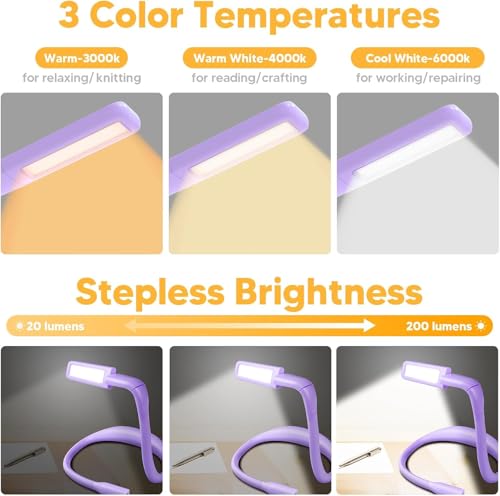Image of Back to School Supplies Reading Light: Purple Gifts Neck Light with Storage Case for Book Lovers Knitters Crafters, 10-80Hrs Eye-friendly Rechargeable Book Reading Lamp Knitting Crochet Craft Light