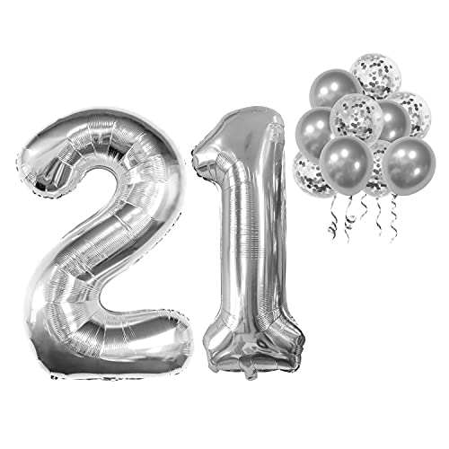 Tuoyi 21th Birthday Party Balloons Decorations Set - 40 Inches Silver Number 21 Balloons and 10pcs 12 Inches Latex Balloons Birthday Party Supplies for 21 Years Old Birthday Party