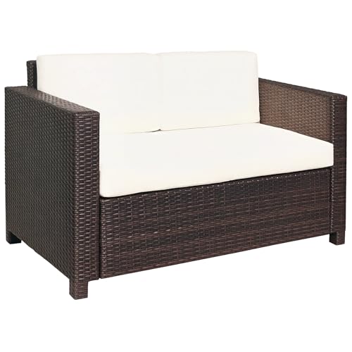 Outsunny Rattan Sofa, 2 Seater Garden Furniture with Soft Padded Cushion and Armrests, Wicker Garden Loveseat for Patio, Mixed Brown