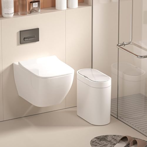 Image of jinligogo ELPHECO Touchless Trash Can with Lid, 2.5 Gallon / 10 Liter Small Automatic Motion Sensor Garbage Bin, Slim Rectangular Plastic Wastebasket for Bathroom, Bedroom, Kitchen, Office (White)
