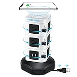 Power Strip Tower GLCON Surge Protector Tower Fast Wireless Charger + 4 USB 5V/5A Ports + 3000W 13A 10 Outlet Plugs + Charging Tower with 6ft Long Extension Cord for Home Office