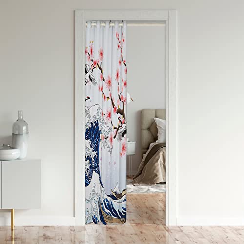 Loussiesd Japanese Wave Door Curtain for Doorway Privacy Floral Closet Door Cover Curtain for Bedroom Living Room Ocean Wave 30%-50% Room Darkening Blackout Curtain132x203cm 1 Panel - Image 3
