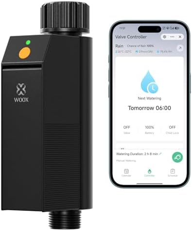 Woox Programador de Riego WiFi Inteligente, Sin Hub Requerido 2,4GHz Controlador de Riego, App/Control por Voz, IP65 Impermeable Temporizador de Riego Automático con Retraso por Lluvia & Riego Manual
