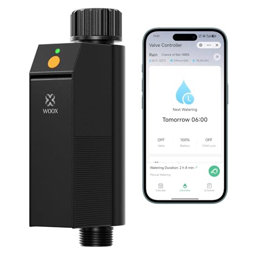WOOX Programmateur Arrosage WiFi Intelligent, sans Hub Requis 2,4GHz Contrôleur d'Arrosage, App/Commande Vocale, IP65 Étanche Minuteur d'Arrosage Automatique avec Retard de Pluie & Arrosage Manuel