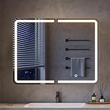 mojiasion 2-türiger Spiegelschrank Bad mit Beleuchtung – 80 cm breit, Alibertschrank mit LED, Touch-Sensor, 3 Lichtfarben, dimmbar & integrierter Ladestation (2 USB + 2 Steckdosen)