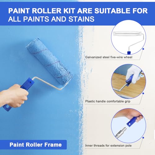 Paint Roller Kit with Extension Pole 27 Piece Set, 4\" & 9\" Paint Rollers, Professional Paint Brushes for Walls Set, House Painting Supplies, Non-Slip Tray for All Latex and Oil Paints & Stains - Thumbnail 2