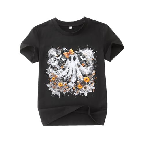 Girls Halloween Shirt Kids Floral Ghost Graphic T-Shirt Retro Spooky Season Tee Funny Print Short Sleeve Fall Top