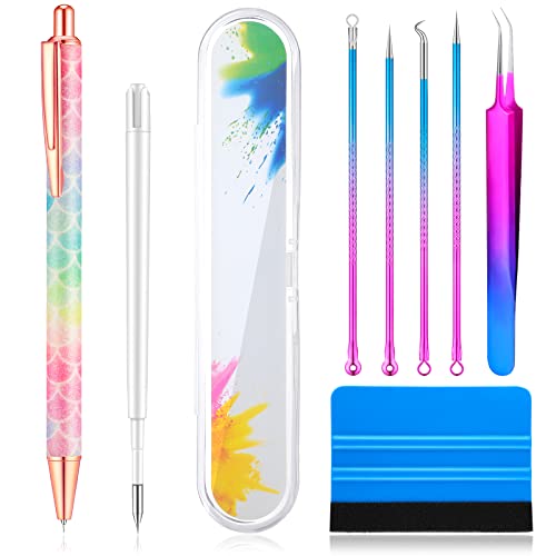 Chumia 8 Pieces Pin Pen Weeding Tool Vinyl Weeding Tool with Rainbow Retractable Air Release Pen and Refill Vinyl Squeegee Tweezers Weeders for Lettering Cutting Splicing Accessories