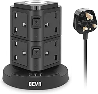 Tower Extension Lead 3M, BEVA 8 Way Multi Plug Extension with 3 USB Slots 3M Extension Cable, UK Power Strip with Night Light, Switched Extension Tower for Home Office-Black