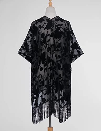 Image of MJ SERECA Women's Burnout Velvet Kimono Cardigan Cover Up with Tassel