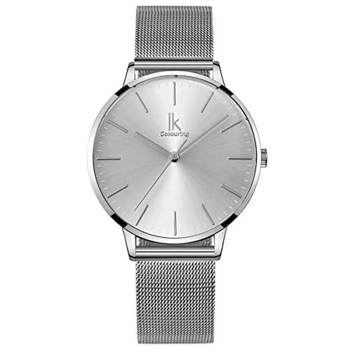 Alienwork Armbanduhr Damen Silber Metall Mesh Armband Edelstahl Ultra-flach dünn