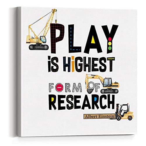 Yeley Construction Nursery Print Positive Einstein Quotes Play Is The Highest Form Paintings Canvas Wall Art Kids Dump Truck Poster Canvas Artwork Ready To Hang Playroom Home Decor #TOP7