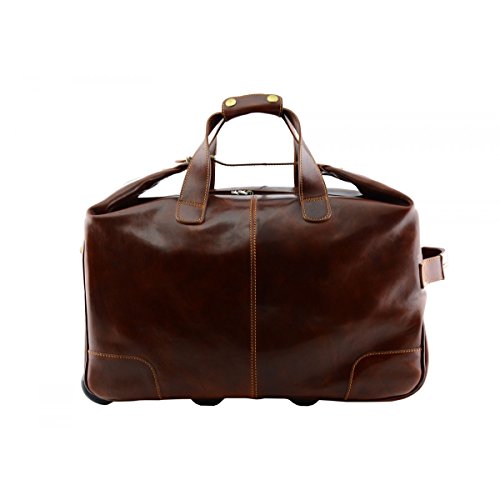 Sac voyage trolley en cuir véritable marron de maroquinerie italienne artisanale