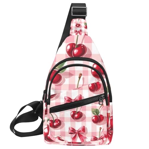 Sac à dos à bandoulière rose à carreaux au motif nœud cerise
