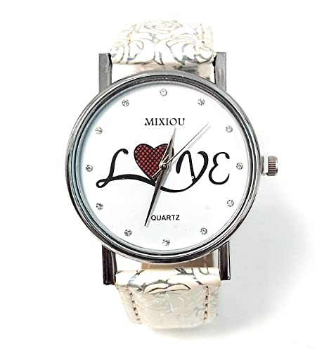 Genérico Reloj Mujer Love Cuarzo Analógico de Esfera Redonda Blanca, Diseño Casual, Divertido y Elegante. Correa de Piel Ajustable.