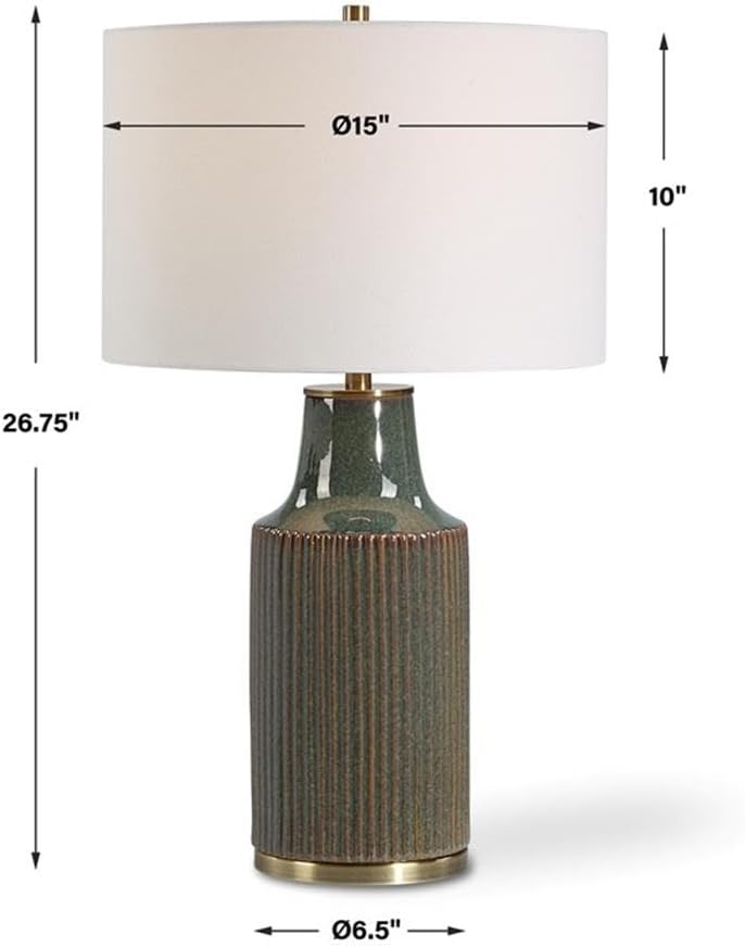 BOWERY HILL Ceramic Table Lamp, 26.75" H x 15" W x 15" D, Bluish Green with Rust Undertones, Brushed Brass Accents, White Linen Shade, Casual Design for Living Room or Bedroom