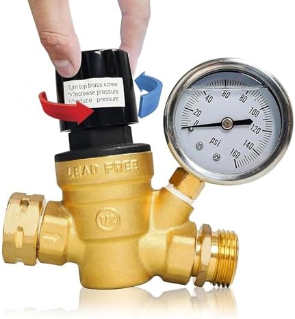 Hourleey RV Water Pressure Regulator, Adjustable Handle Brass Water Pressure Regulator, Water Pressure Reducer with Gauge and Inlet Screened Filter for RV Camper Travel Trailer