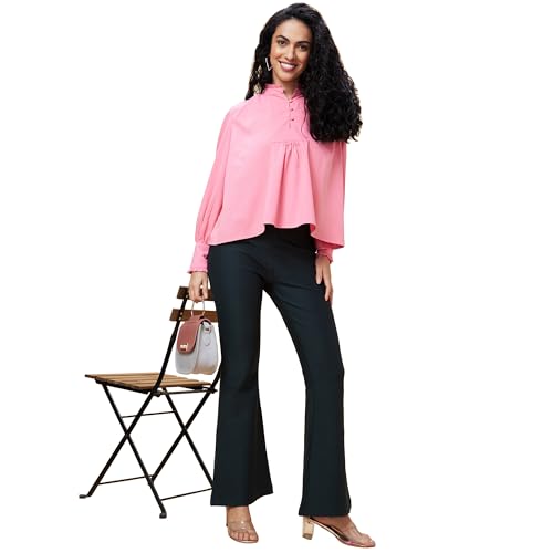 Image of Globus Women Black Solid High-Rise Slip-On Bootcut Tregging with Waist Tie Up-3639478001