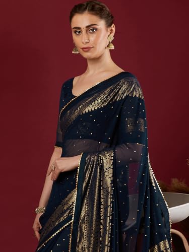 Image of SAMAH Women's Georgette Foil Printed Lace Work Saree with Unstitched Blouse Piece
