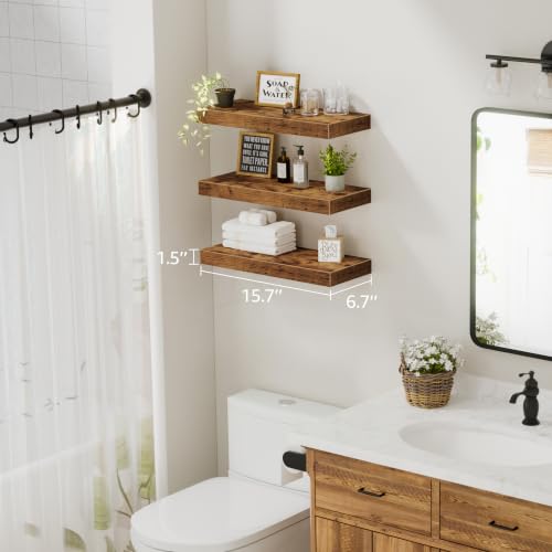Image of QEEIG Floating Shelves for Wall Bathroom Shelf Bedroom Kitchen Living Room Hanging Book Shelves Small Farmhouse Decor 16 inch Set of 3, Rustic Brown (015-BN3)