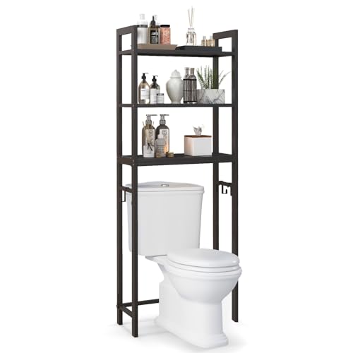 COSTWAY Over Toilet Storage Unit Freestanding Bathroom Shelf Space Saver with 3-Tier Mesh Shelves and 3 Hooks Metal Frame Tall Over The Toilet Rack Washing Machine Organizer Stand (Brown)