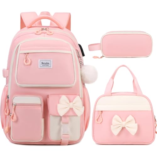 Bevalsa Backpack for Gilrs, Cute Bow School Bags for Kids with Lunch Bag & Pen Case, Bookbag for Girls Children Teens Elementary Middle Student, Back to School Gift with USB Charging Port (Pink)