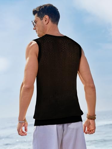 Runcati Mens Sleeveless Crewneck Tank Top Casual Mesh Hollow Out Cotton Knit Summer Beach T Shirt3